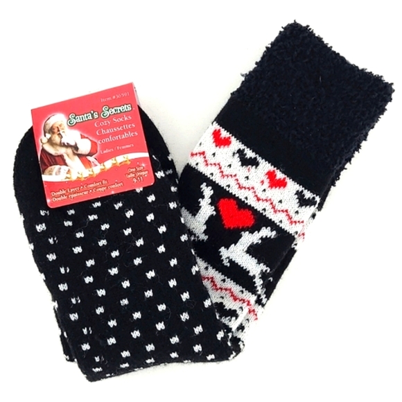 Santa's Secret Women's Cozy Socks Double Layer Black Festive Reindeer Size 9-11 - Picture 1 of 6
